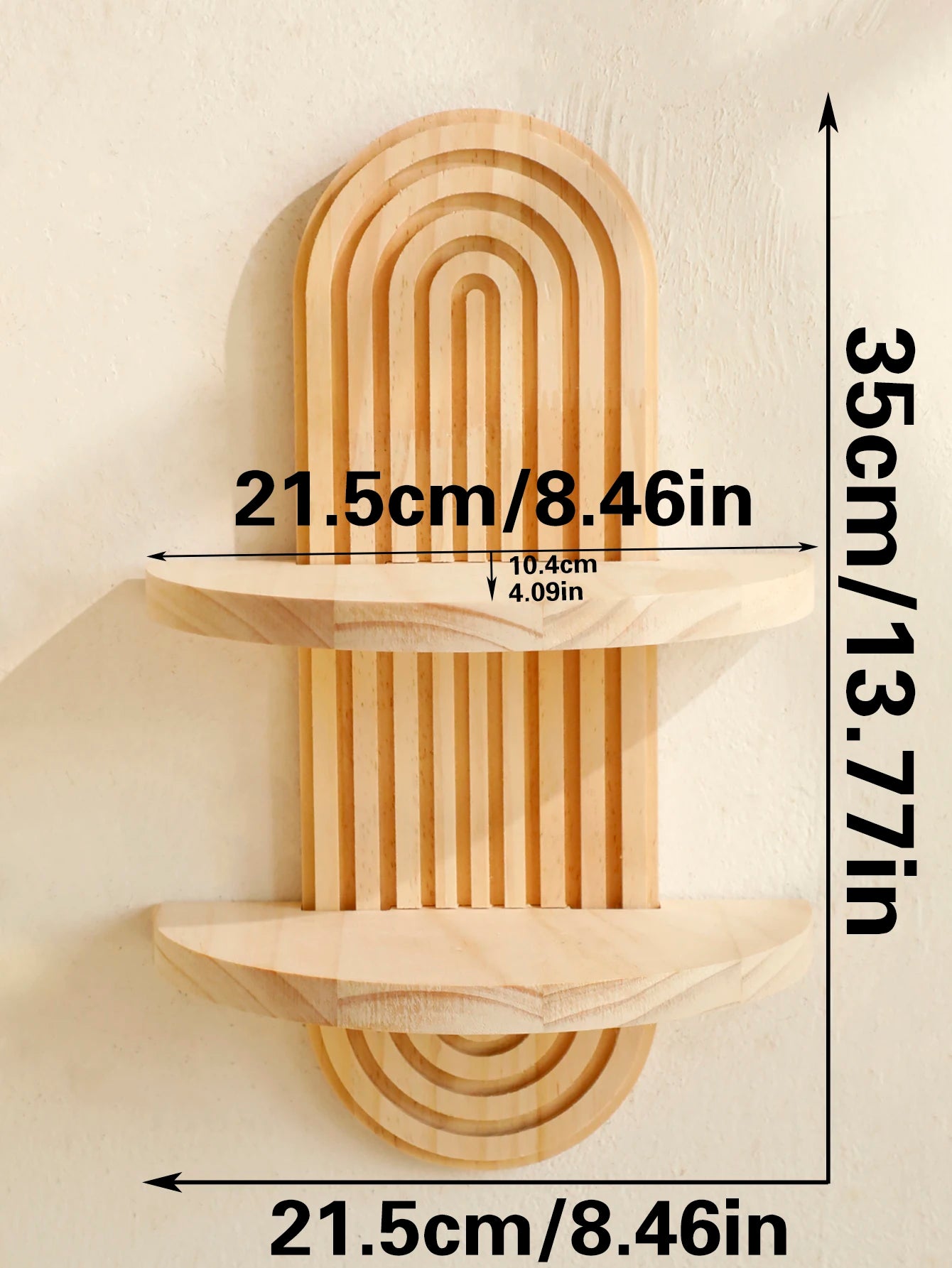 2 tier Boho Wooden Floating Wall Shelf with measurements on a beige background