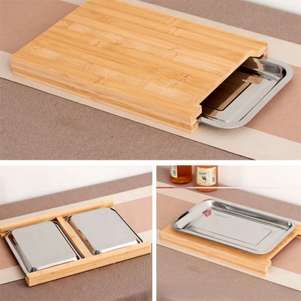 Beech wood cutting board with a silver tray on a beige surface