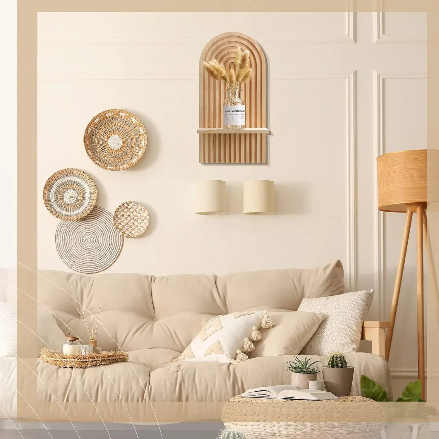 Beige sofa in a living room with decorative Boho Wooden Floating Wall Shelf and a lamp.