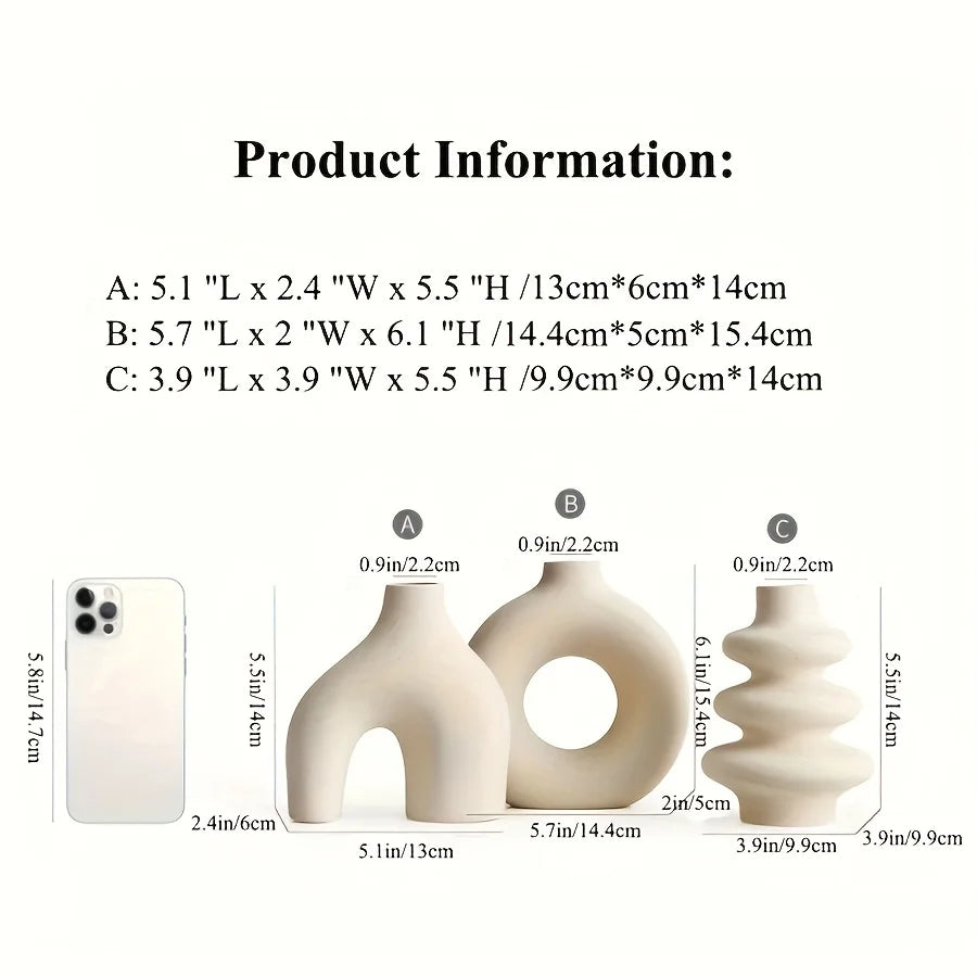 Boho Ceramic Vase set product information with dimensions on a white background