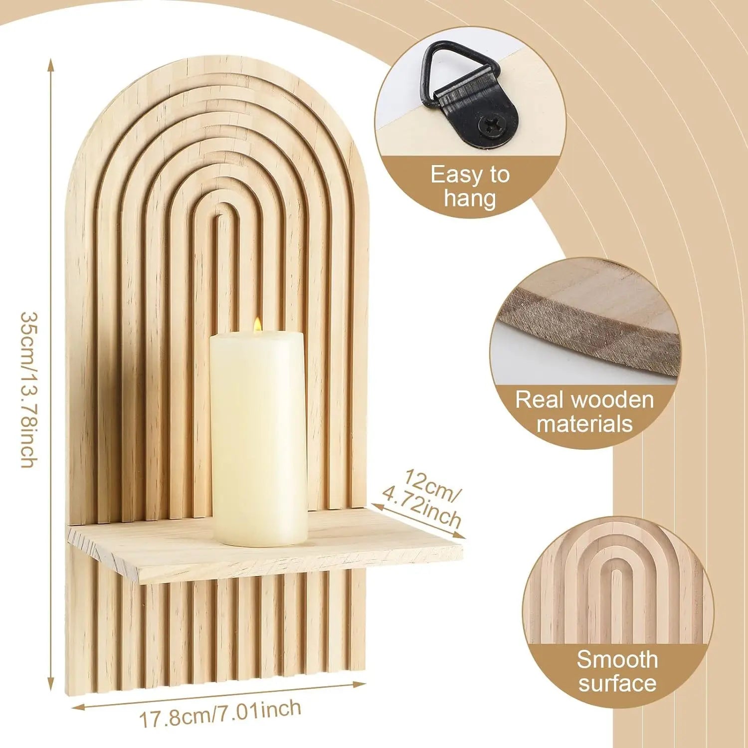 Boho Wooden Floating Wall Shelf with candle, measurements, and material details.