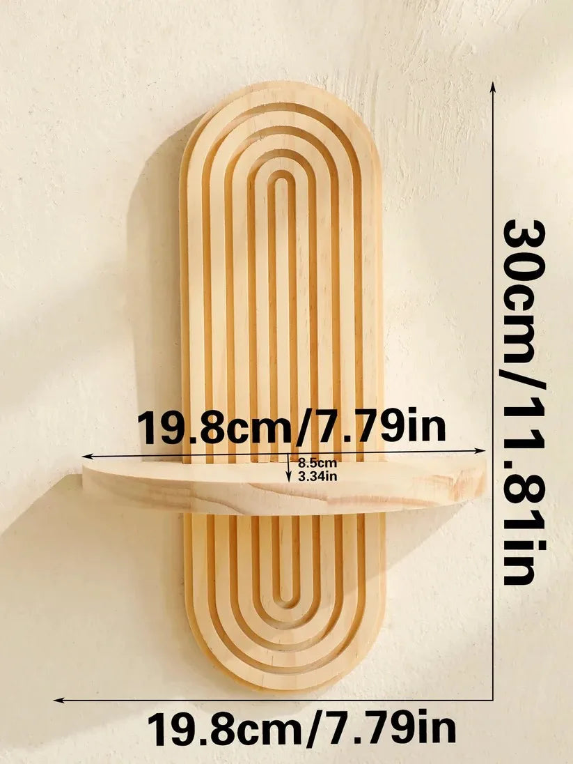Boho Wooden Floating Wall Shelf with measurements on a beige background