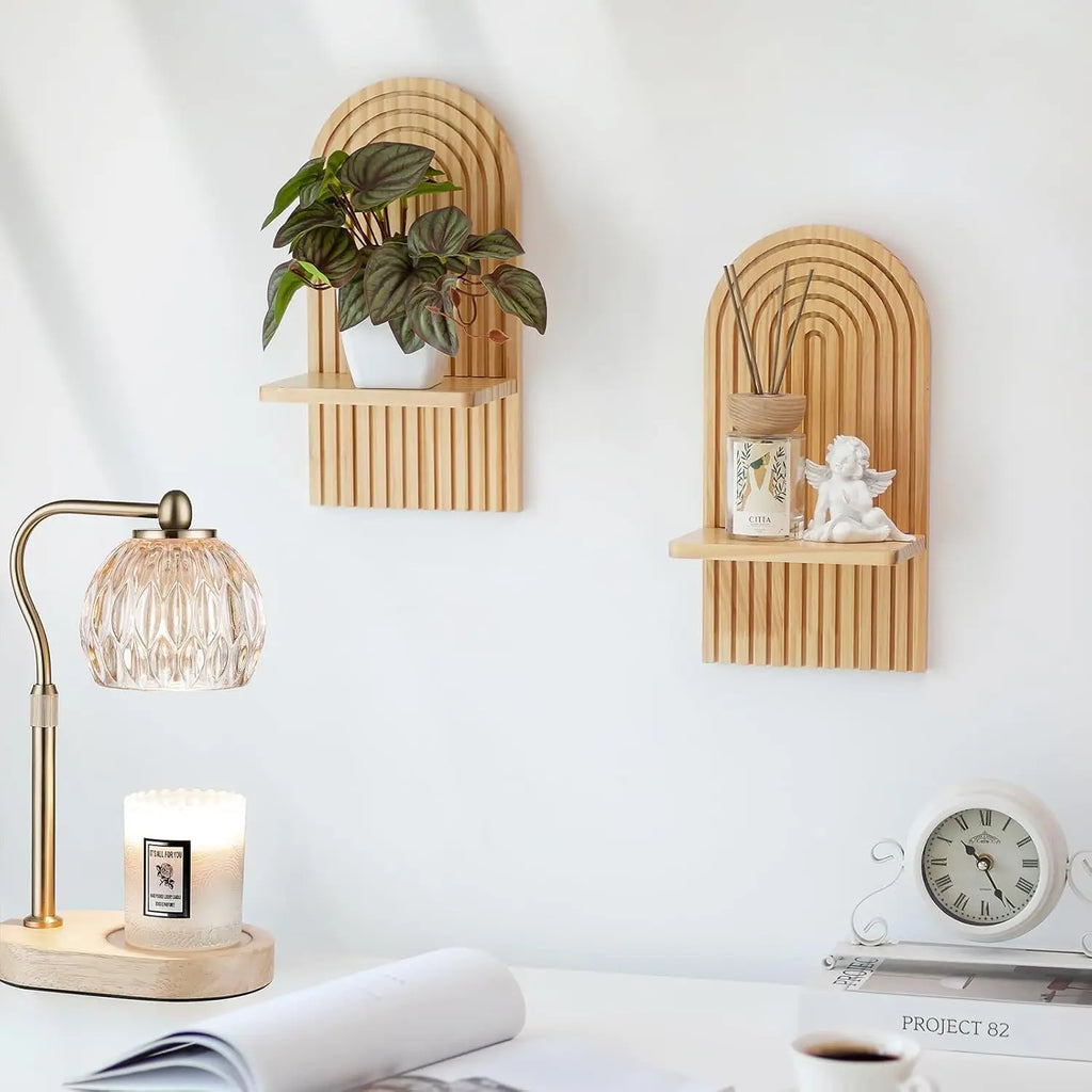 Boho Wooden Floating Wall Shelves with decorative items on a white wall.