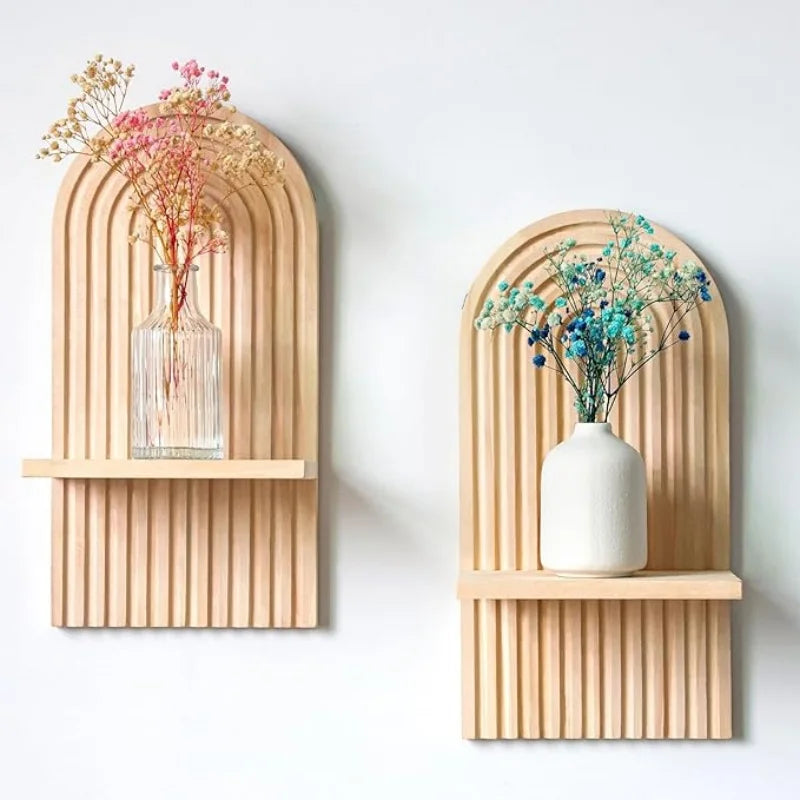 Boho Wooden Floating Wall Shelves with decorative vases on a light gray background