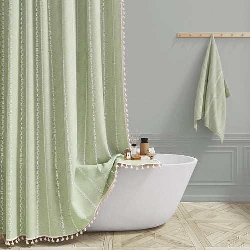 Boho striped shower curtain Style C-Green, hung in a bright bathroom