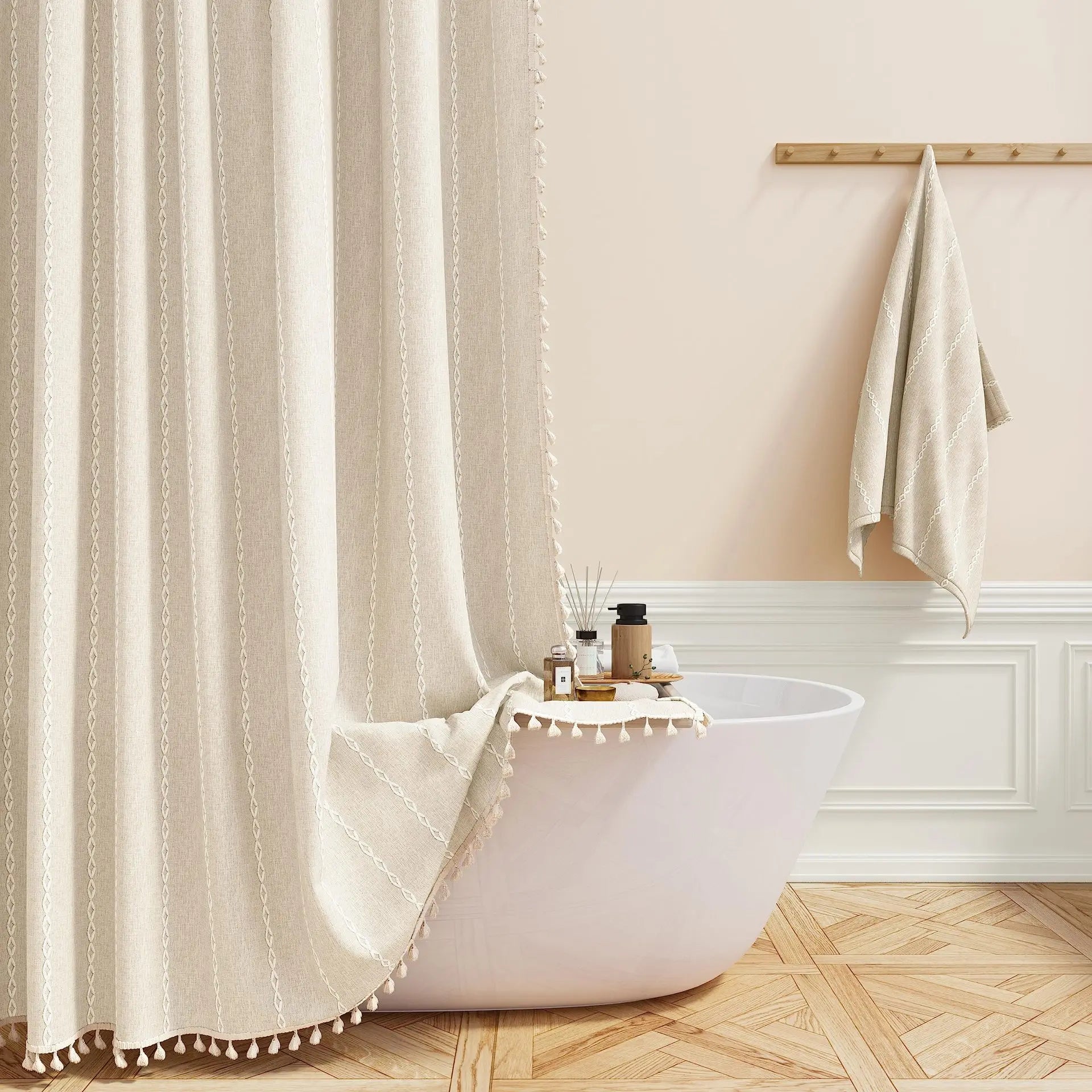  Boho striped shower curtain Style C-White, full bathroom view
