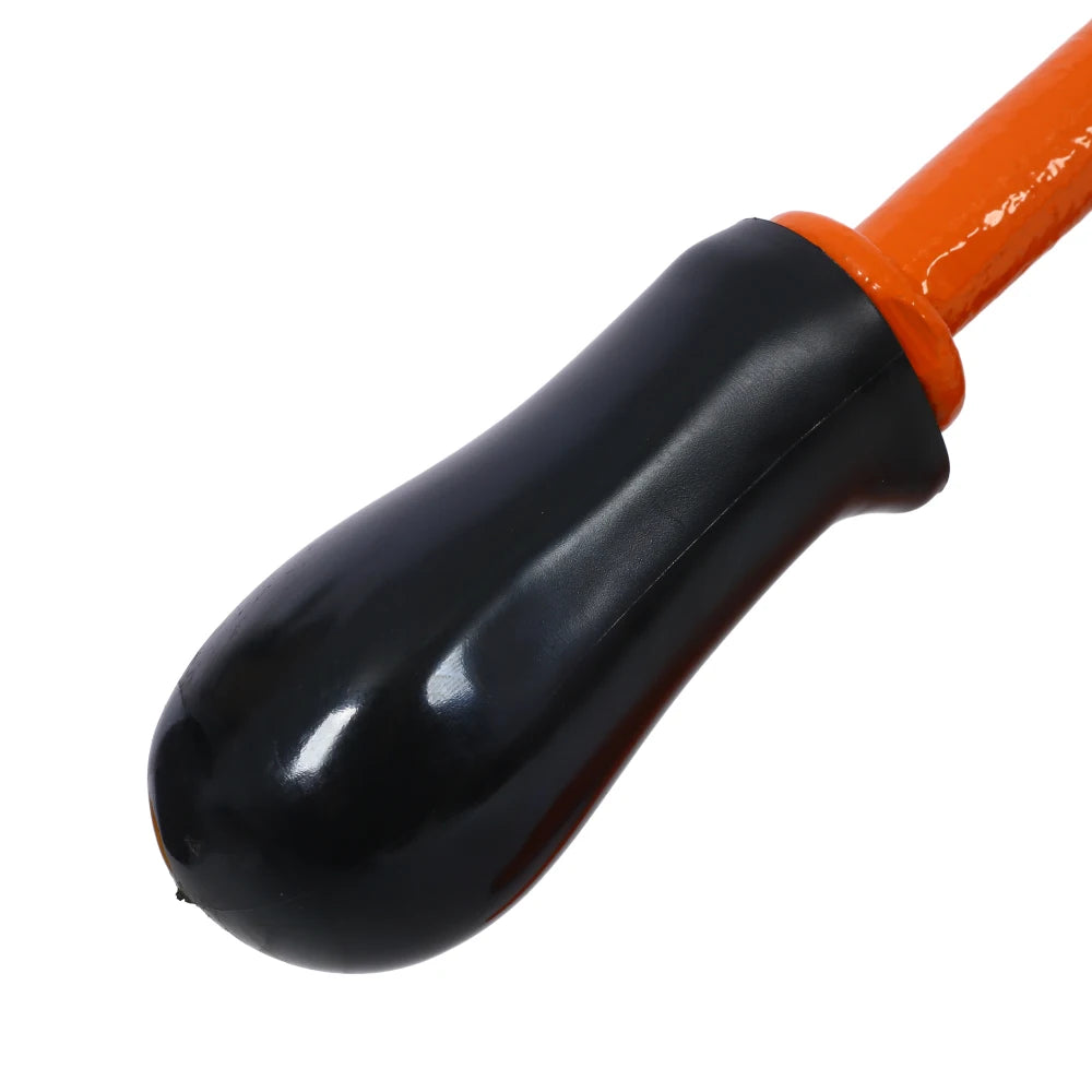 Close-up of a black and orange screwdriver handle on a white background