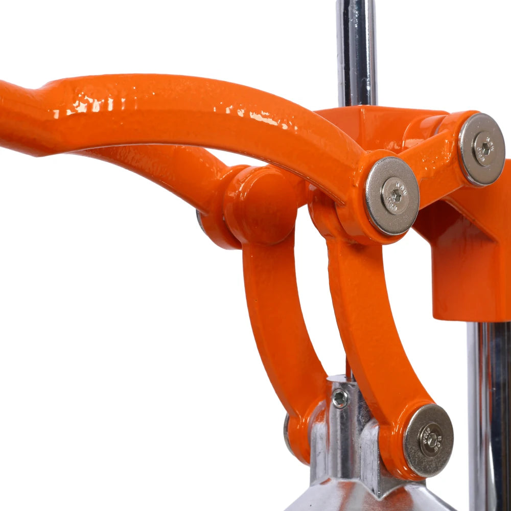 Close-up of an orange metal lever mechanism on a white background