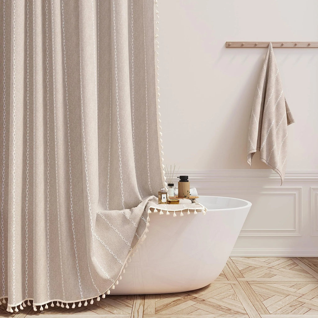 Coffee colored striped shower curtain with bathtub and white background