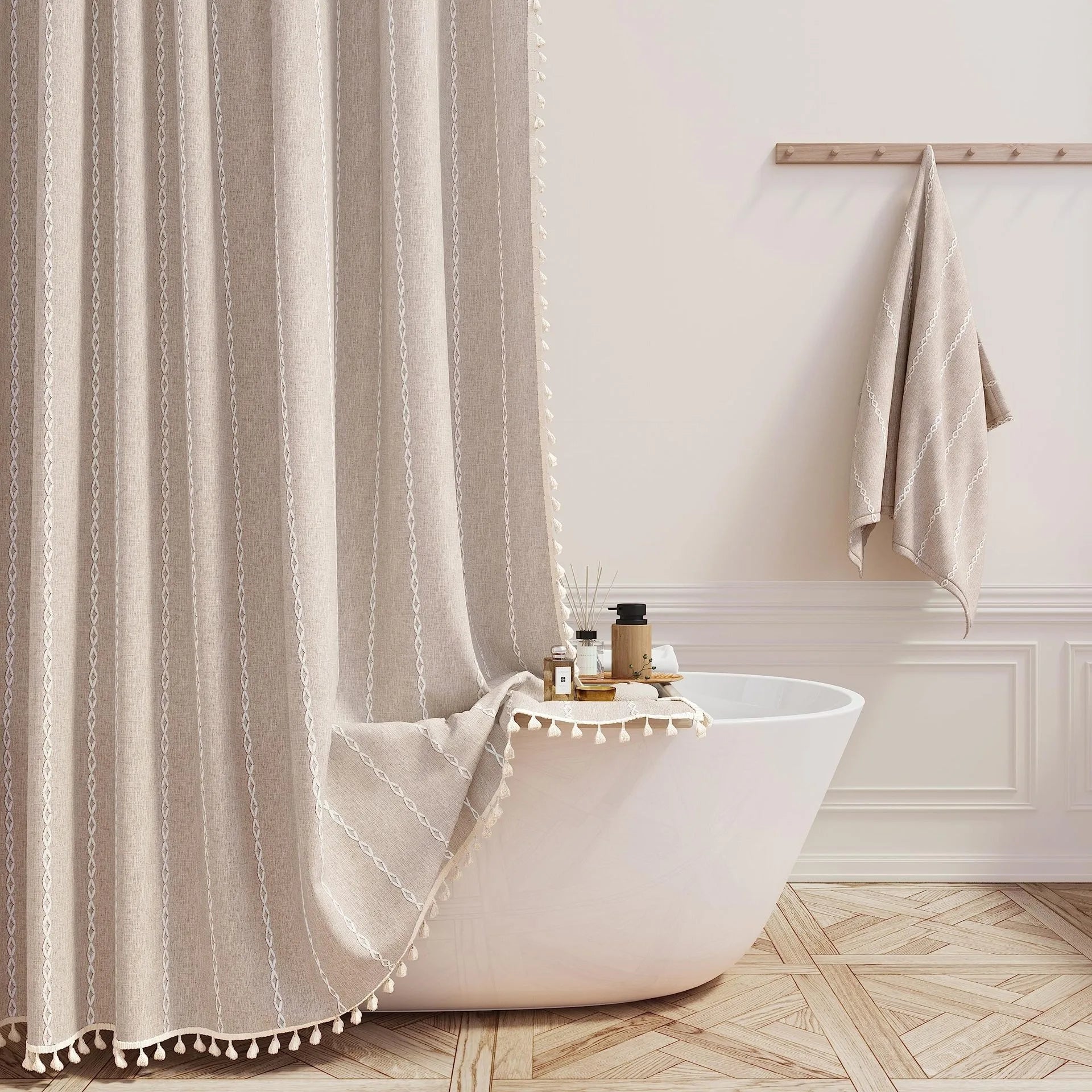 Coffee colored striped shower curtain with bathtub and white background