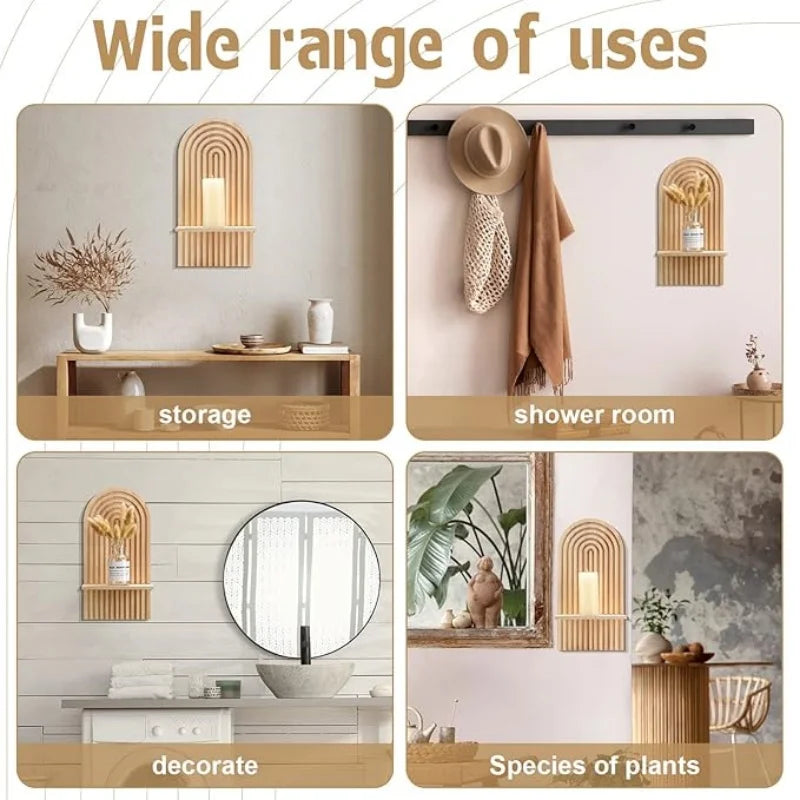 Collage of Boho Wooden Floating Wall Shelves and wall art with text indicating their uses in storage, shower room, and decoration.