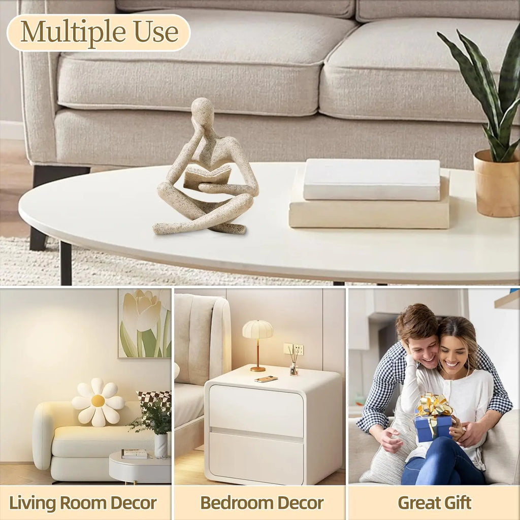 Collage of a coffee table with decor items in a living room setting, including a sofa, books, a plant, and a couple with a gift.