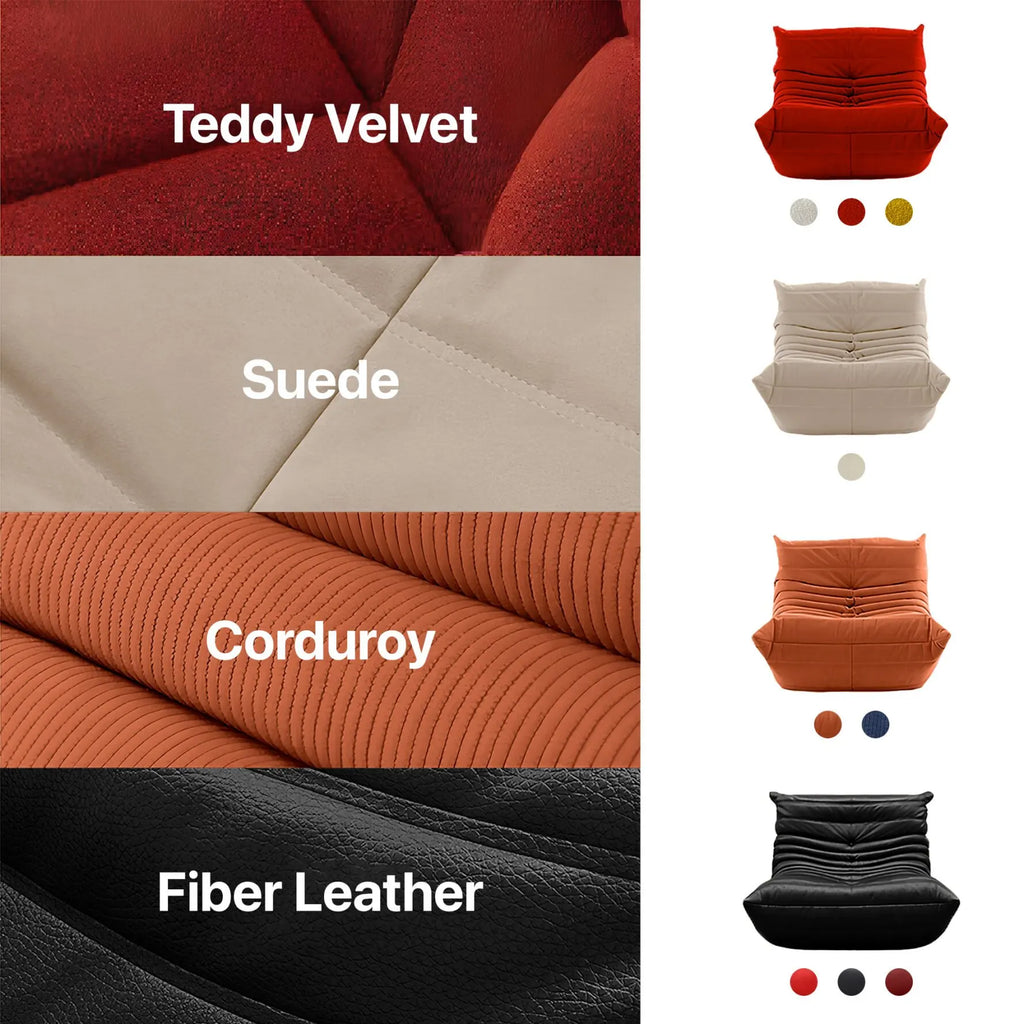 Comparison of Teddy Velvet, Suede, Corduroy, and Fiber Leather textures with corresponding color swatches.