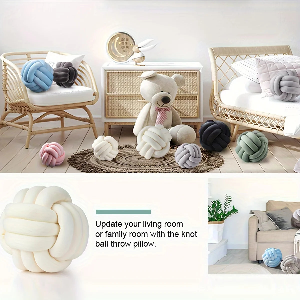 Decorative knot ball throw pillows in various colors on a living room floor with furniture.
