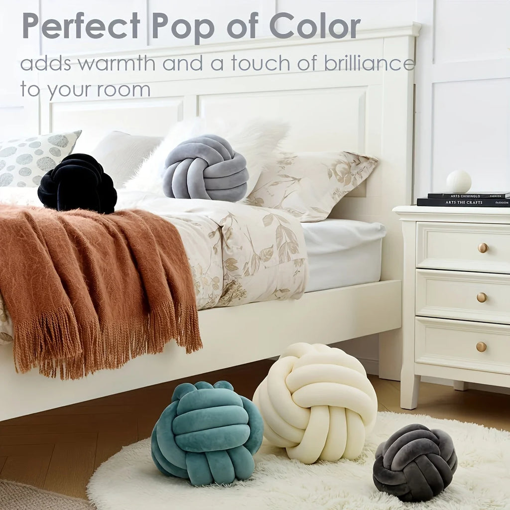 Decorative knot pillows on a bed and floor with text about adding color to a room.
