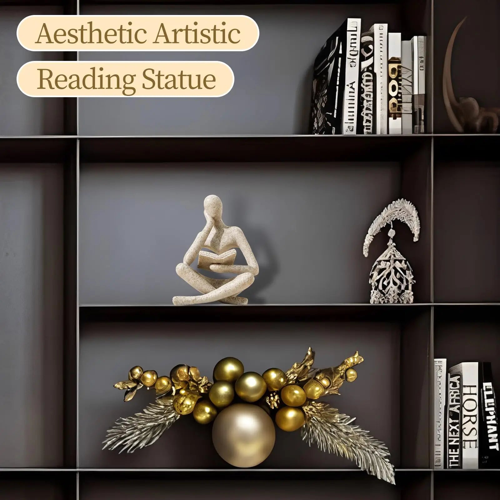 Decorative shelf with a White Thinker Reading Sculpture, gold ornament, and books.