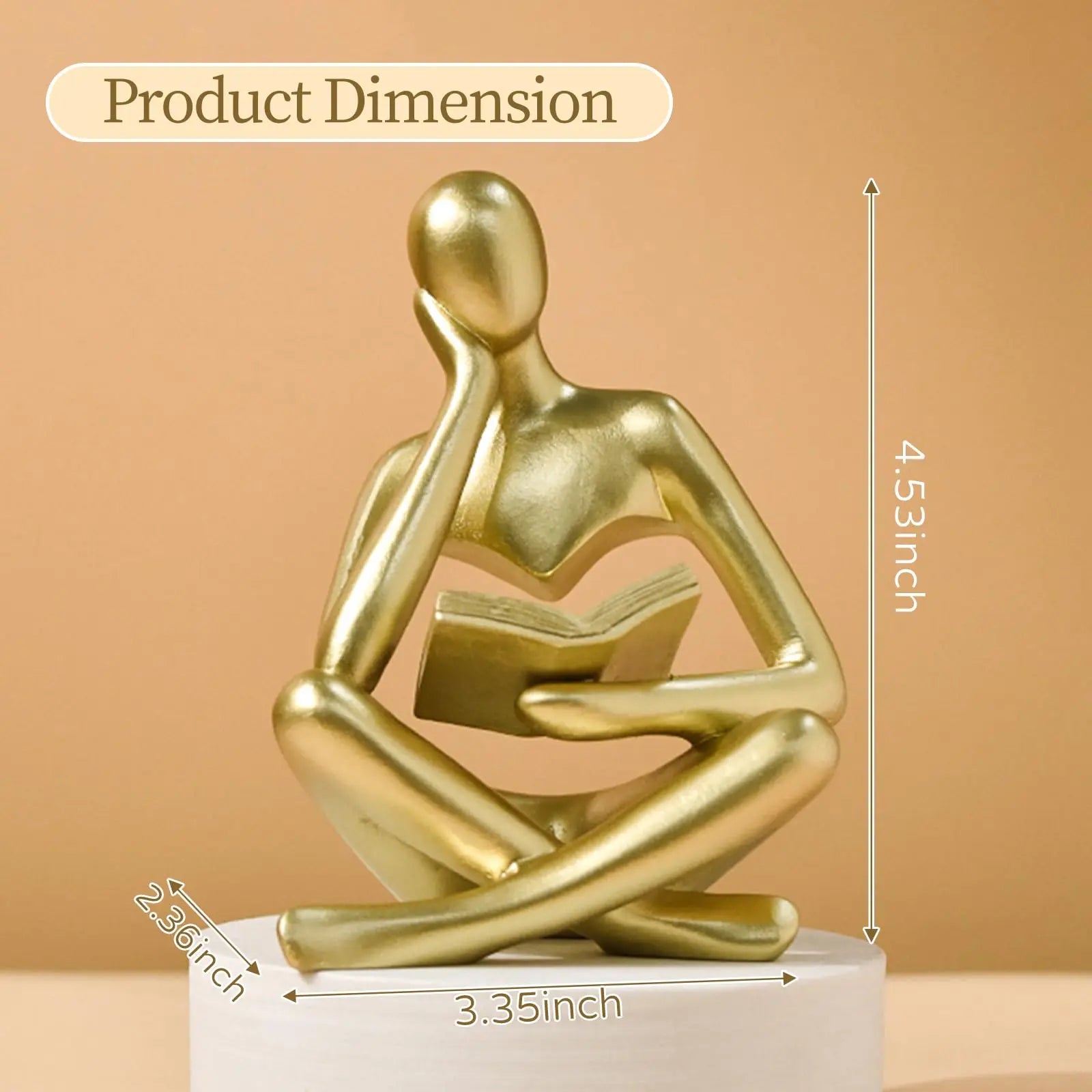 Gold Thinker Reading Sculpture with dimensions indicated on a beige background