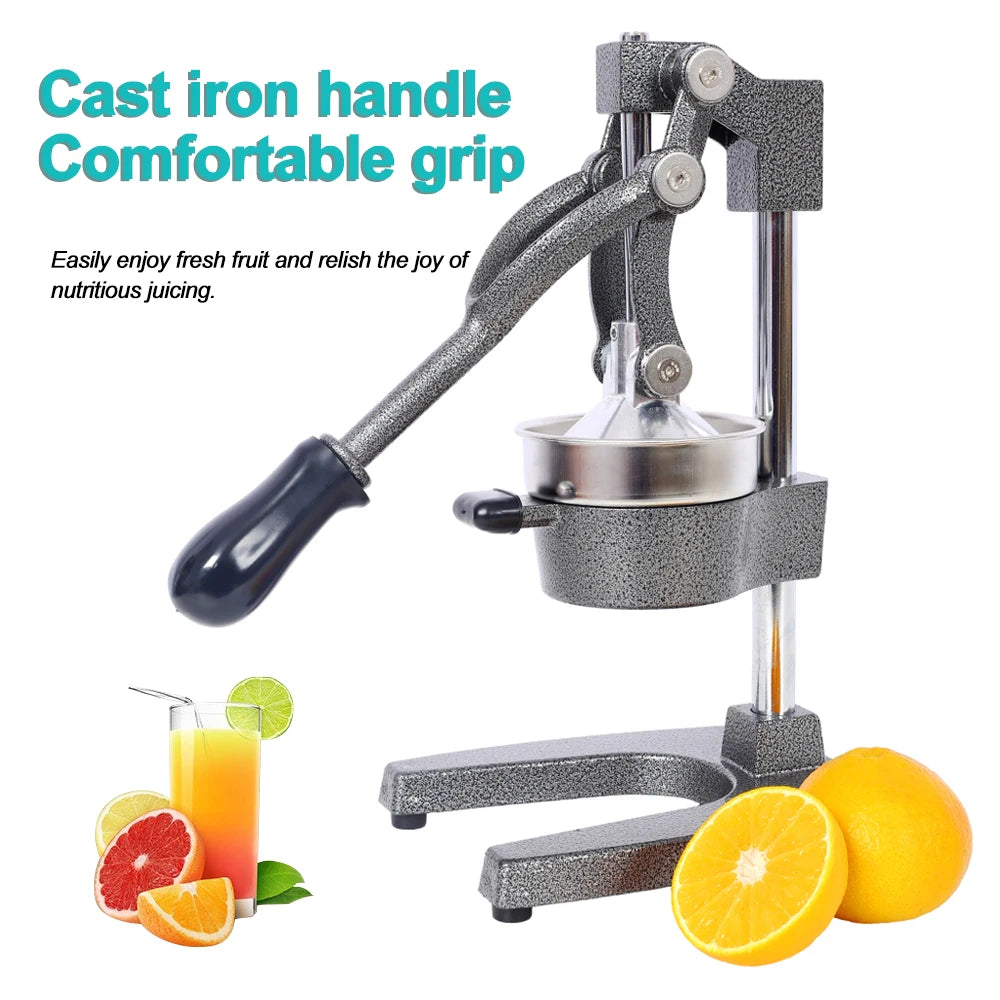 Manual juicer with a cast iron handle and comfortable grip, surrounded by lemons and a glass of juice.
