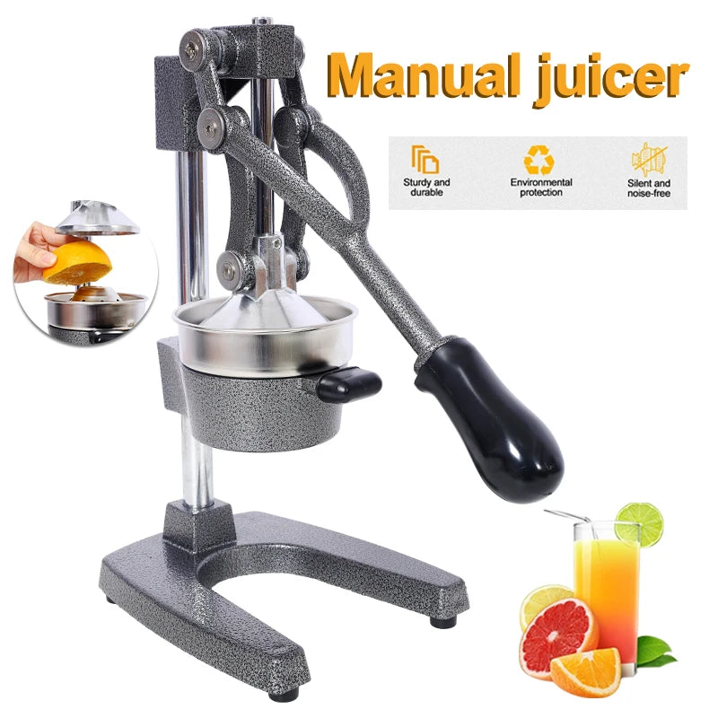 Manual juicer with text 'Manual juicer' and icons, surrounded by orange slices and juice.