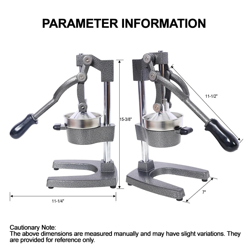 Manual press juicer with dimensions labeled on a white background