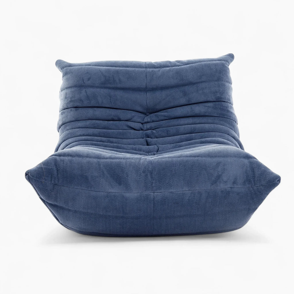 One seater Blue Corduroy Caterpillar Lazy Sofa on a white background