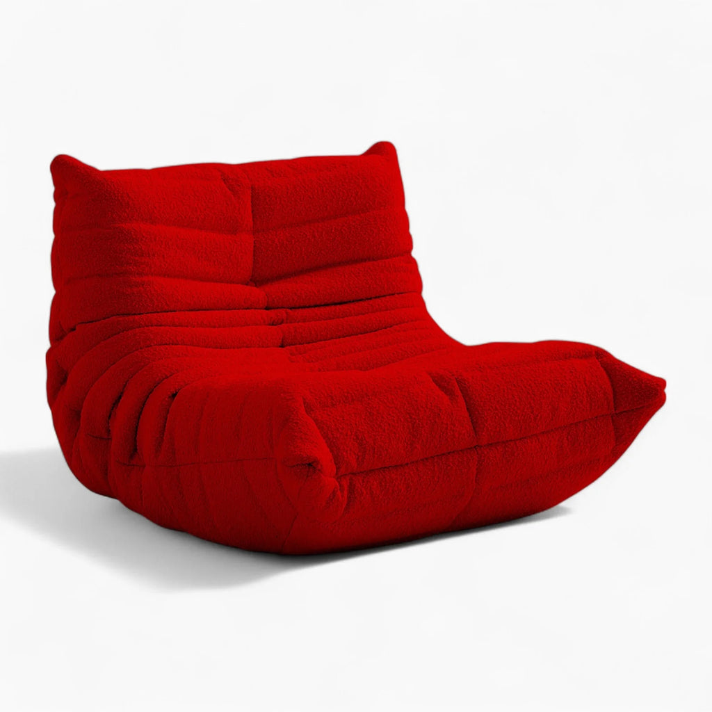 One seater Red Amb Velvet Caterpillar Lazy Sofa chair on a white background