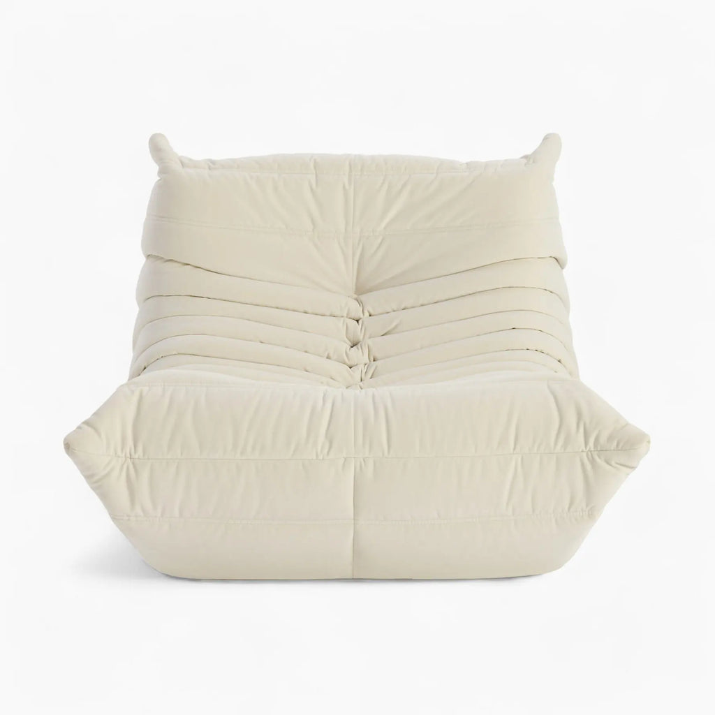 One seater beige suede Caterpillar Lazy Sofa chair on a white background