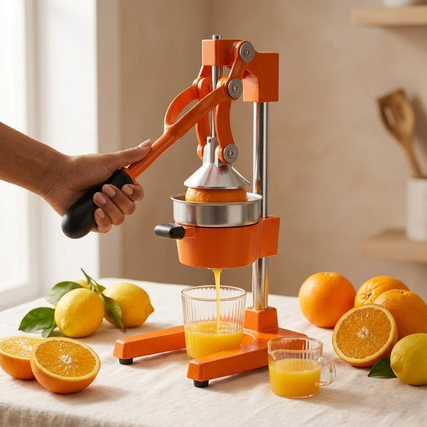 Orange manual juicer being used to extract juice from oranges and lemons on a table.