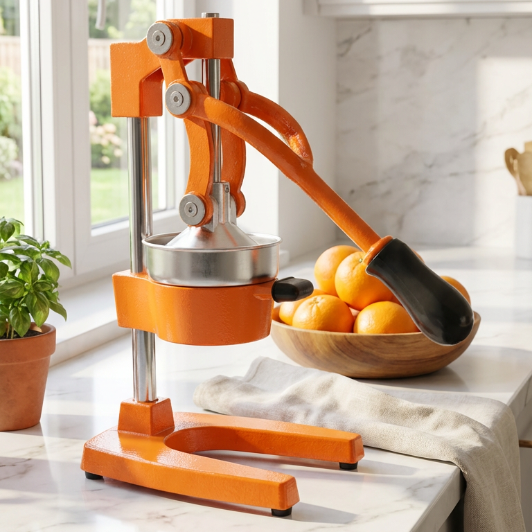 Orange manual juicer on a kitchen counter with oranges and a plant in the background.