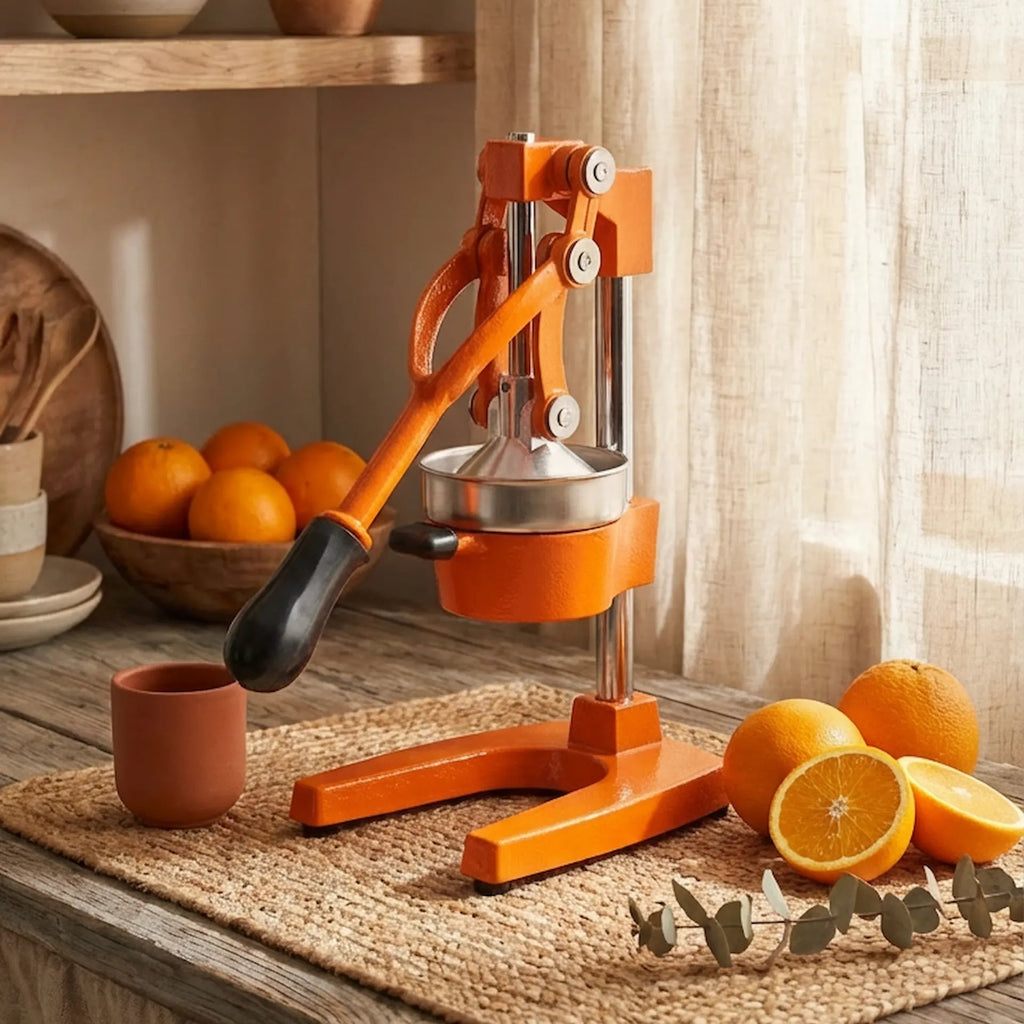 Orange manual juicer on a wooden table with oranges and a rustic background