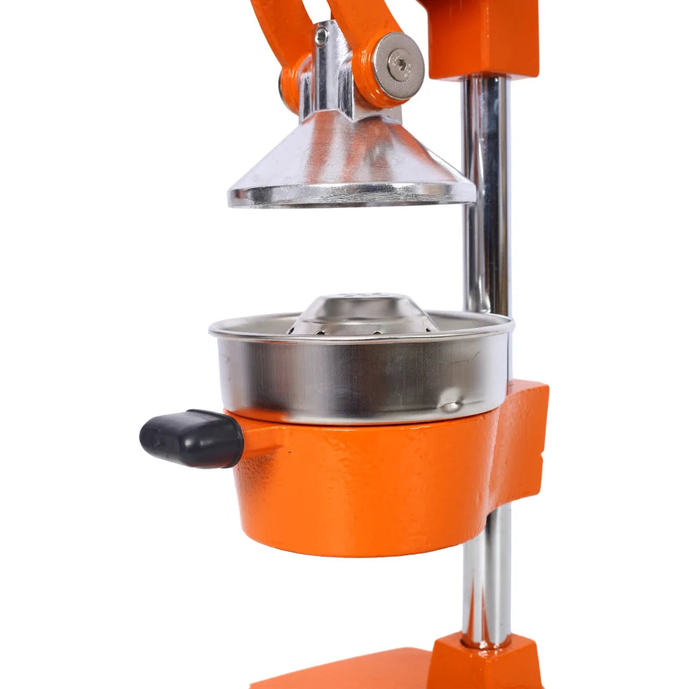 Orange manual juicer with a white background