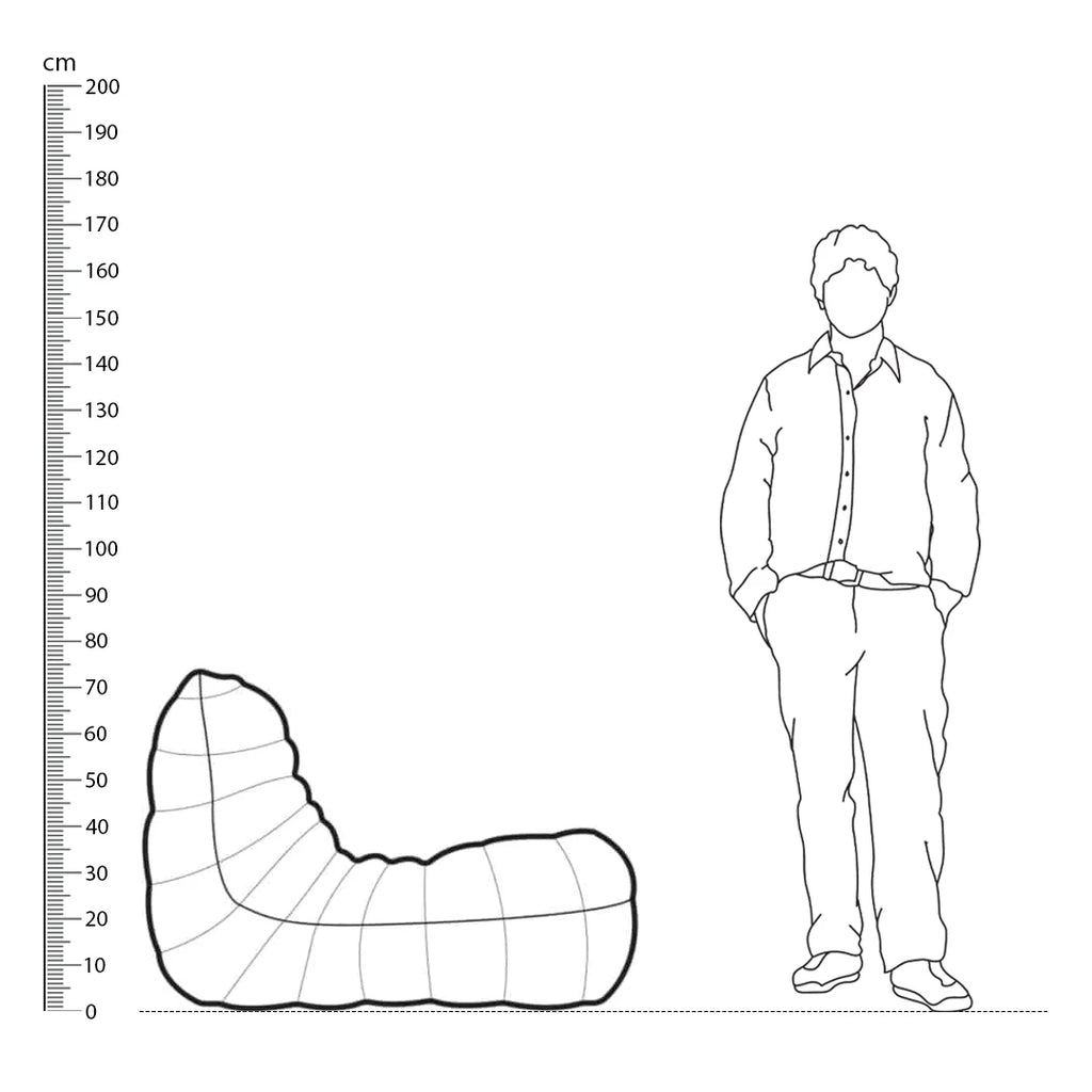 Outline of a person next to a Caterpillar Lazy Sofa with a ruler for scale on a white background