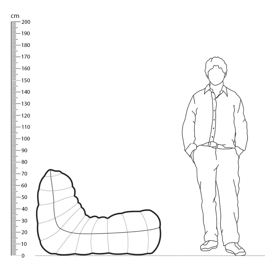Outline of a person next to a Caterpillar Lazy Sofa with a ruler for scale on a white background