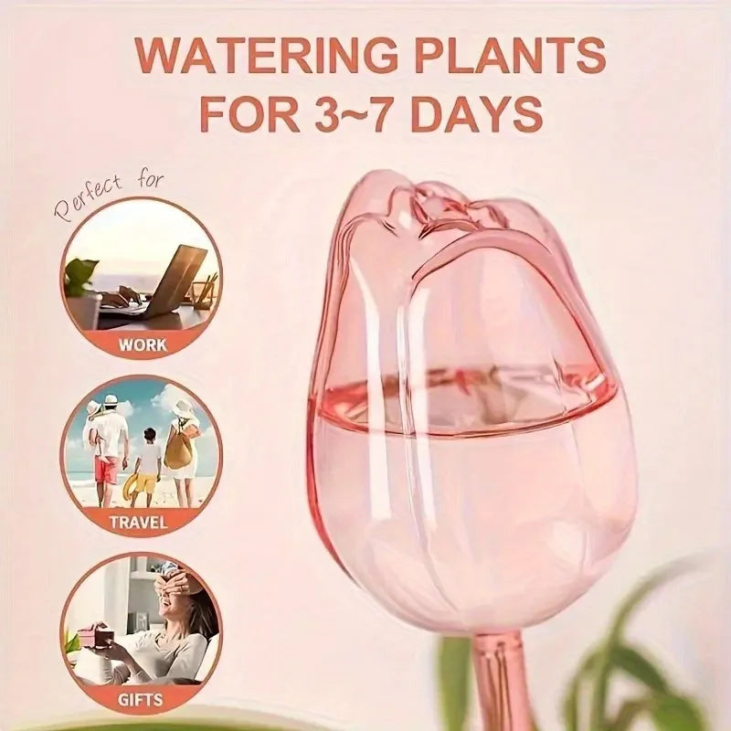 Pink tulip plant watering globe with text on a light pink background