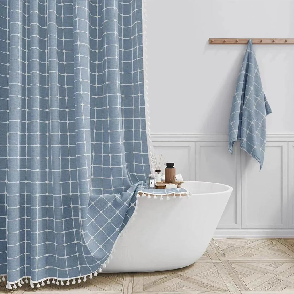 Boho Chic Striped Shower Curtain with White Hooks | Waterproof, Machine Washable Polyester