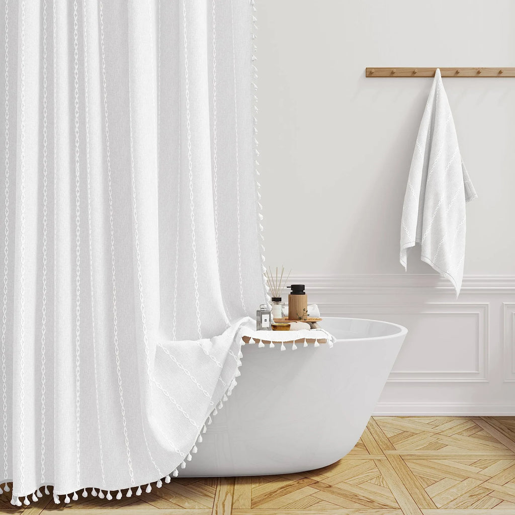 Boho Chic Striped Shower Curtain with White Hooks | Waterproof, Machine Washable Polyester