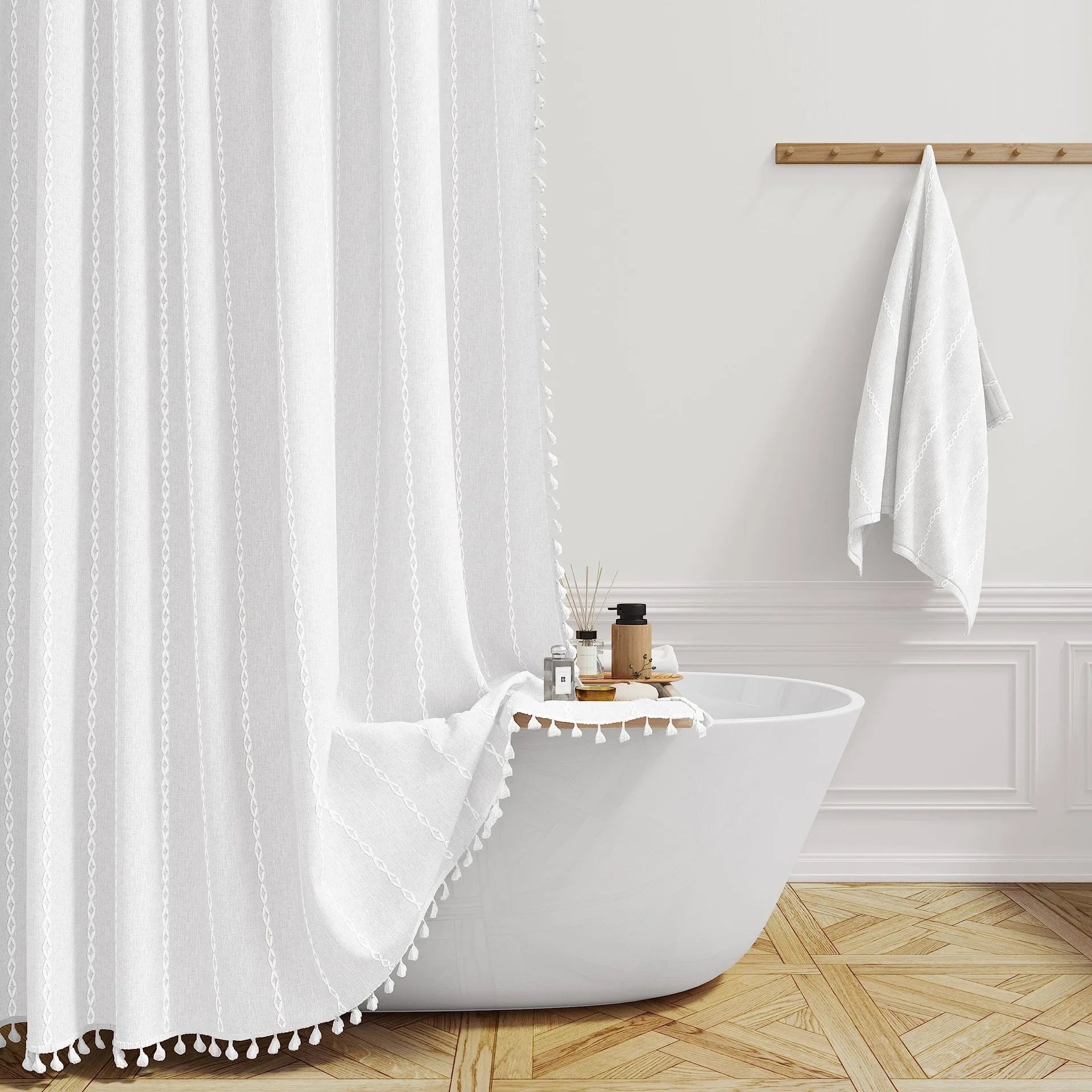 Boho Chic Striped Shower Curtain with White Hooks | Waterproof, Machine Washable Polyester