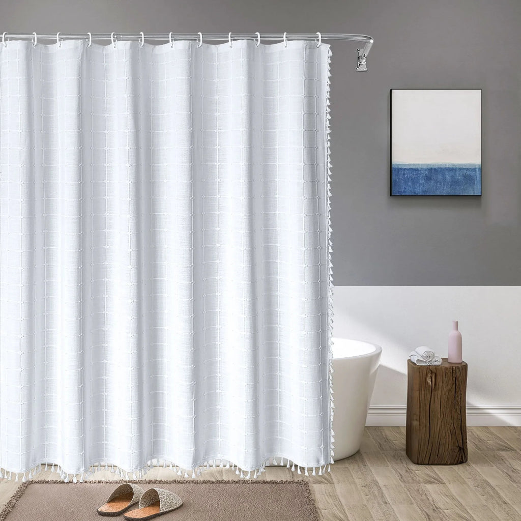Boho Chic Striped Shower Curtain with White Hooks | Waterproof, Machine Washable Polyester