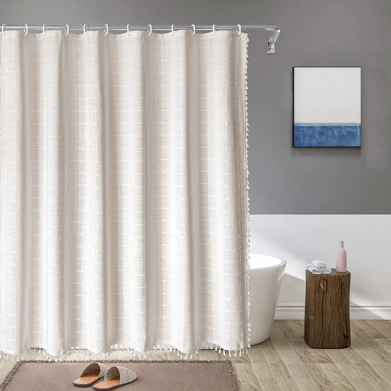 Boho Chic Striped Shower Curtain with White Hooks | Waterproof, Machine Washable Polyester