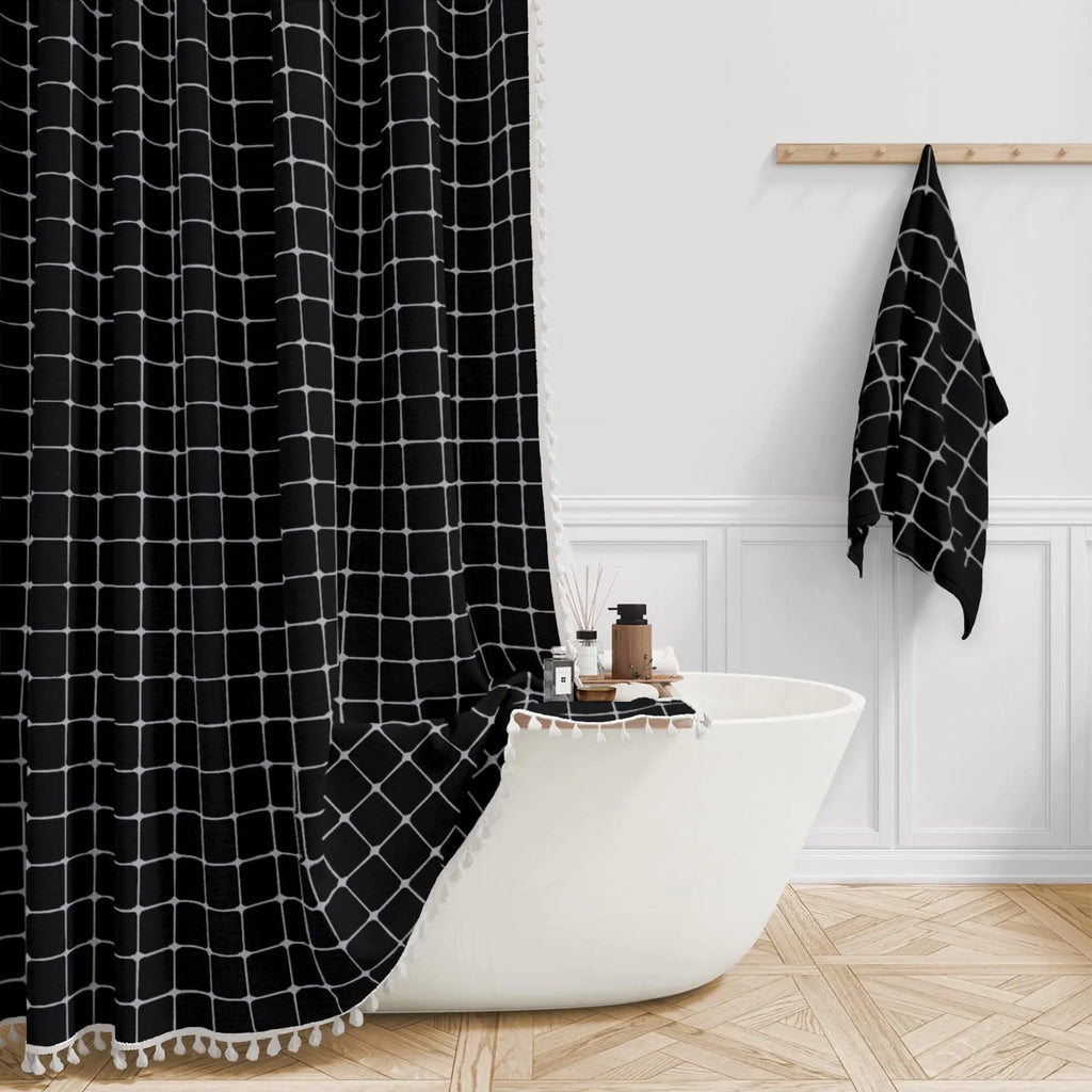Boho Chic Striped Shower Curtain with White Hooks | Waterproof, Machine Washable Polyester