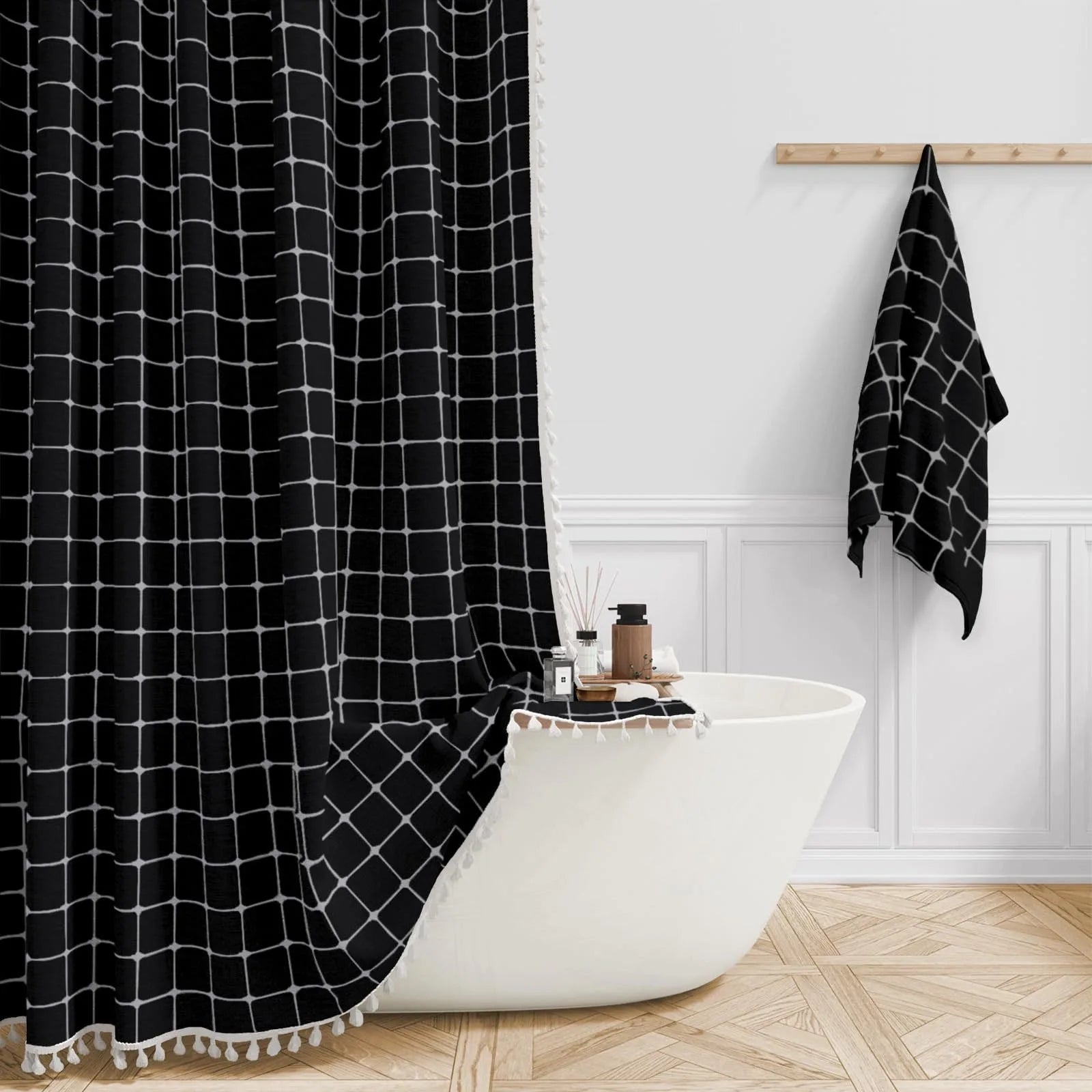 Boho Chic Striped Shower Curtain with White Hooks | Waterproof, Machine Washable Polyester