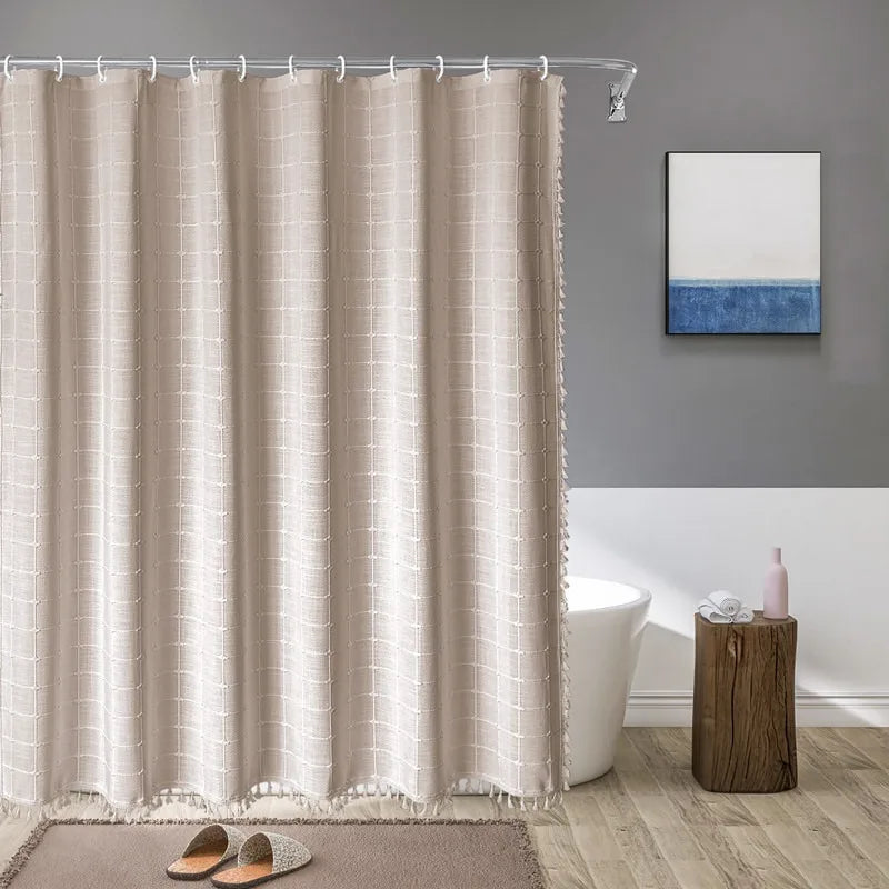 Boho Chic Striped Shower Curtain with White Hooks | Waterproof, Machine Washable Polyester