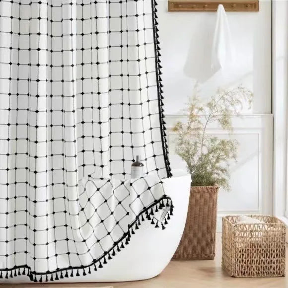 Boho Chic Striped Shower Curtain with White Hooks | Waterproof, Machine Washable Polyester