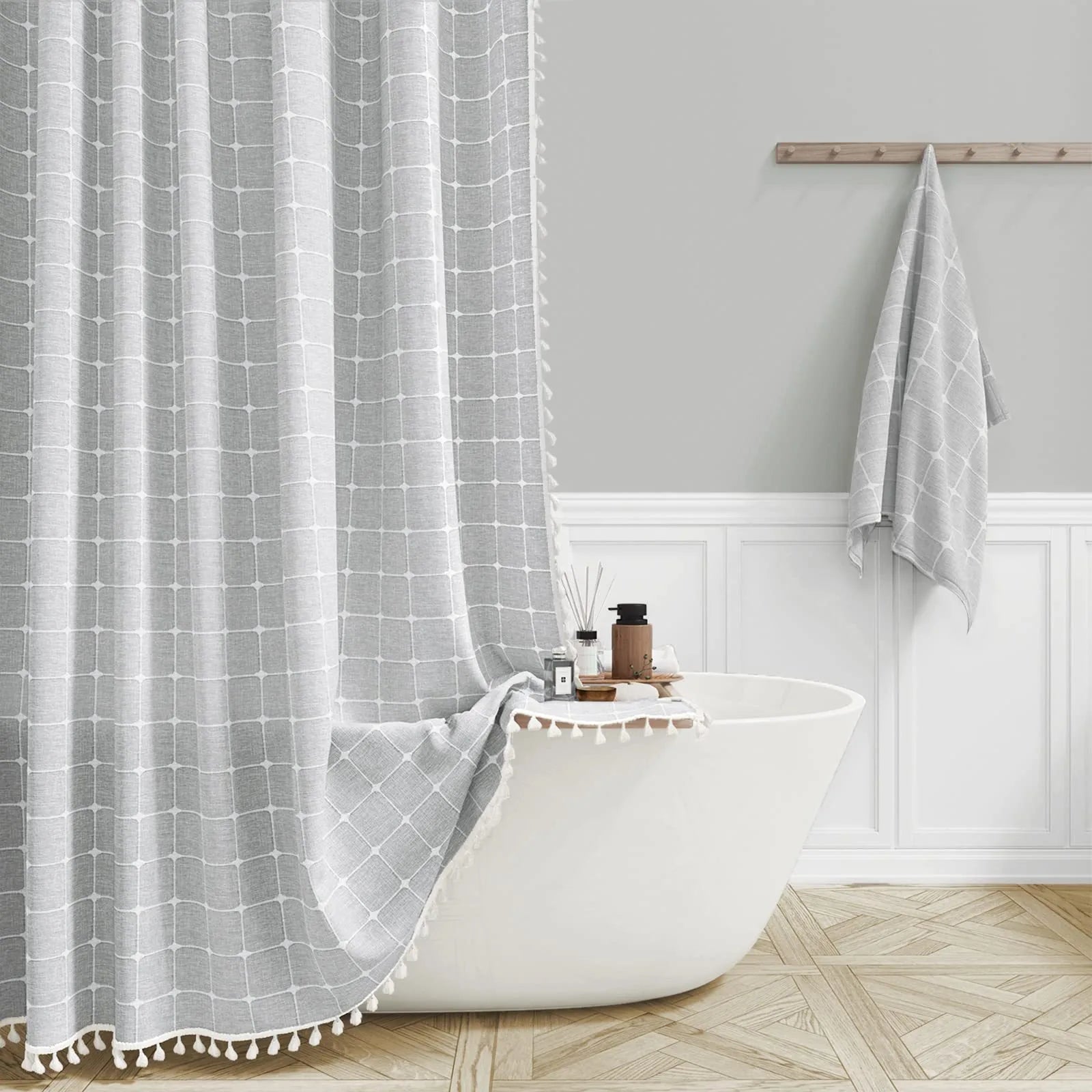 Boho Chic Striped Shower Curtain with White Hooks | Waterproof, Machine Washable Polyester