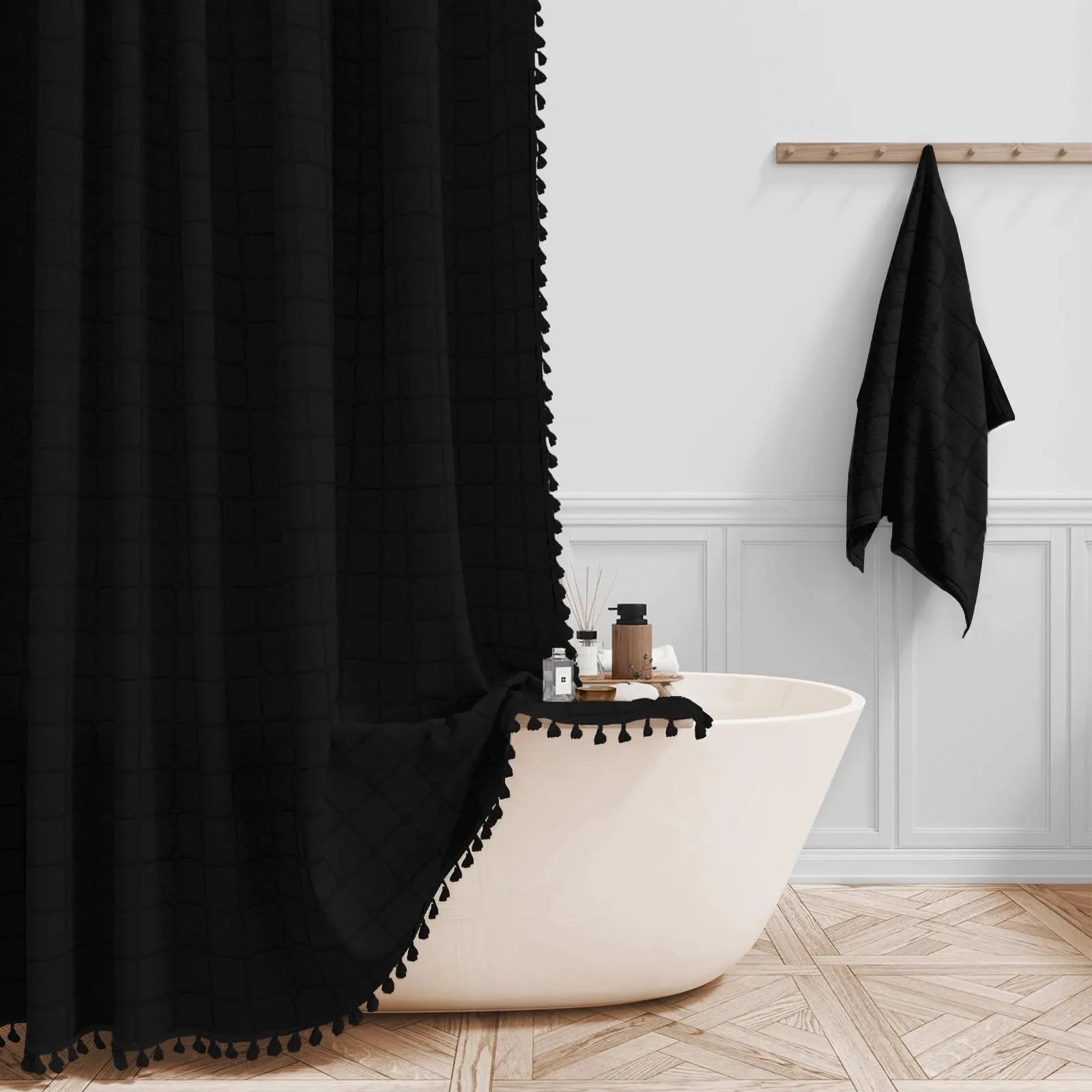 Boho Chic Striped Shower Curtain with White Hooks | Waterproof, Machine Washable Polyester