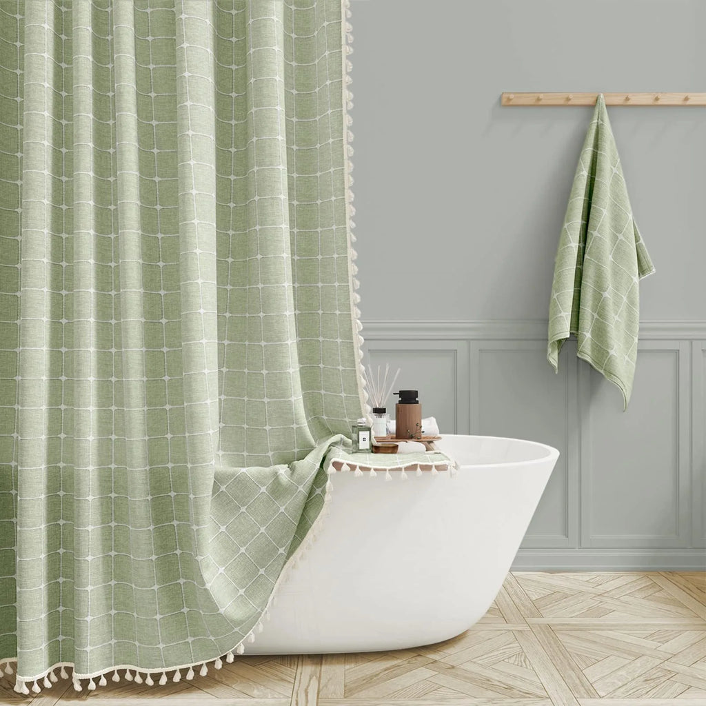 Boho Chic Striped Shower Curtain with White Hooks | Waterproof, Machine Washable Polyester
