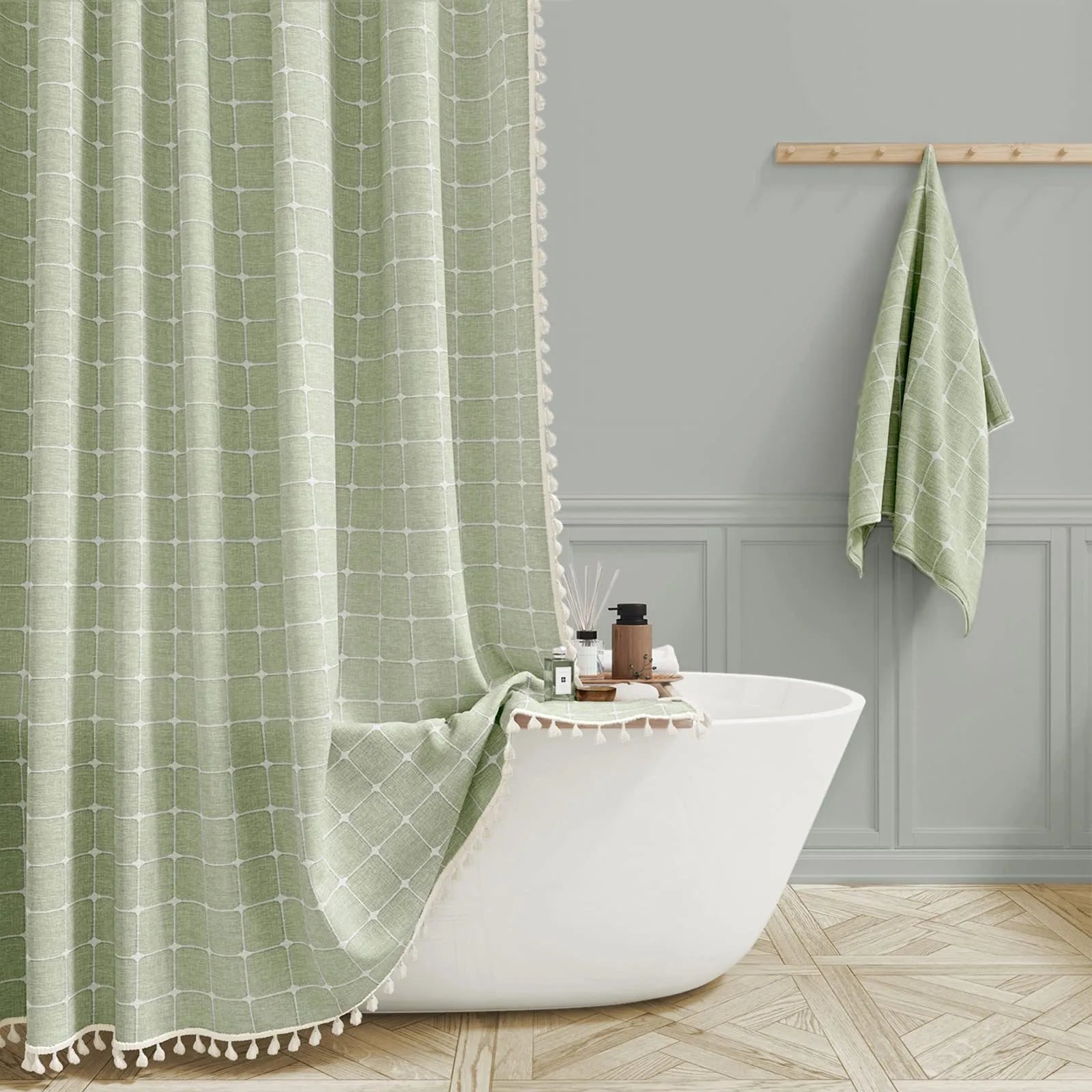 Boho Chic Striped Shower Curtain with White Hooks | Waterproof, Machine Washable Polyester
