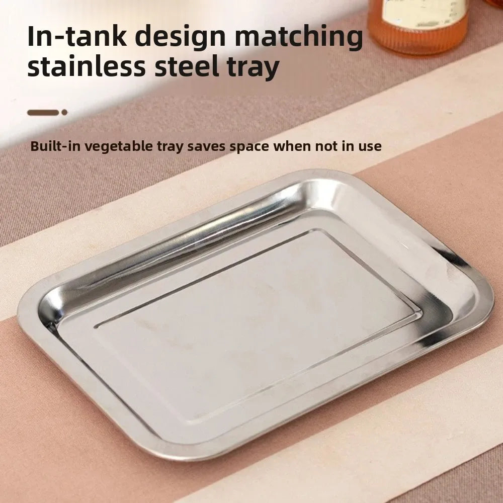 Stainless steel tray on a beige surface with text about its in-tank design and space-saving feature.