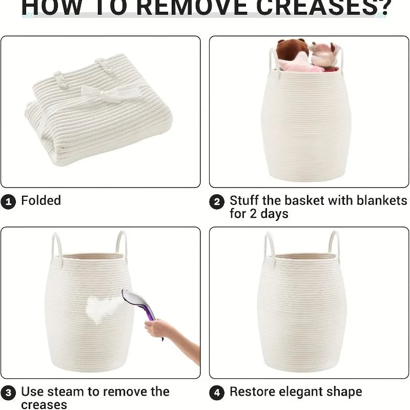 Step-by-step guide on how to remove creases from a Boho Cotton Rope Storage Basket using blankets and steam.