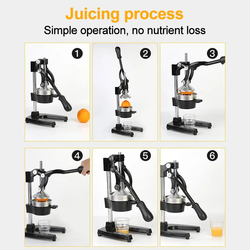 Step-by-step process of using a manual juicer to extract juice from an orange.